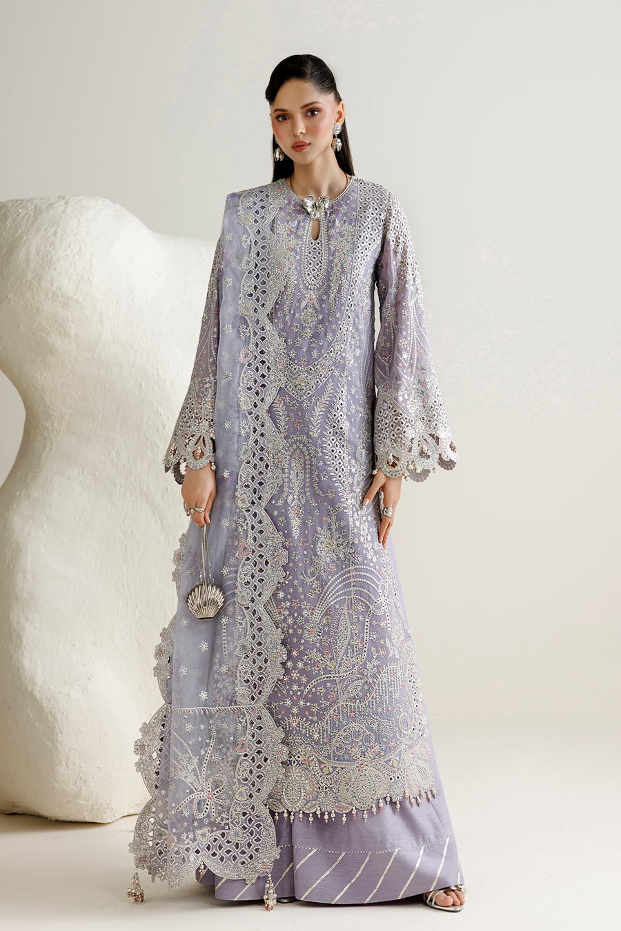 Lavender Embroidered Georgette Chiffon 3-Piece Suit with Organza Dupatta