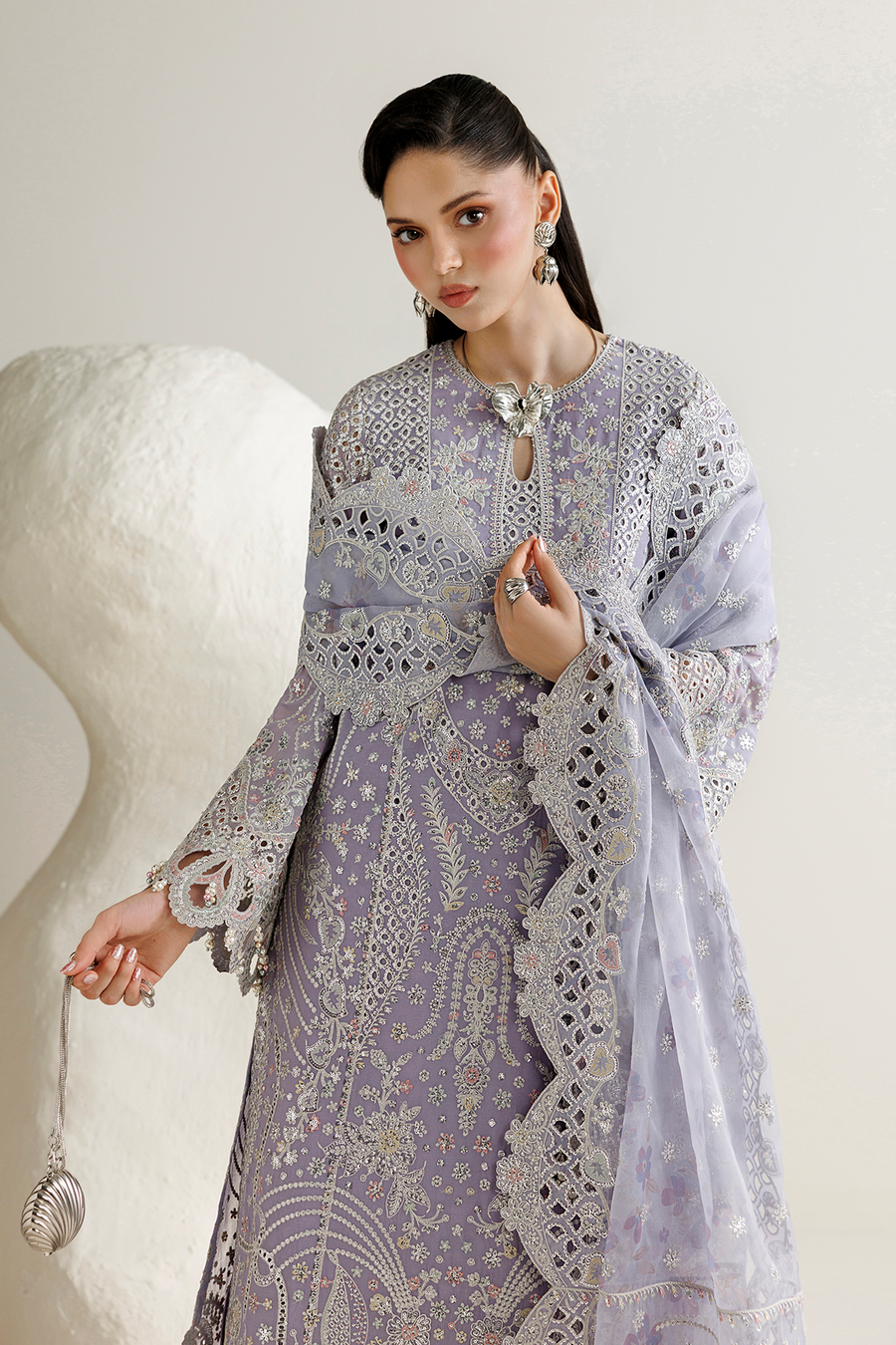 Lavender Embroidered Georgette Chiffon 3-Piece Suit with Organza Dupatta