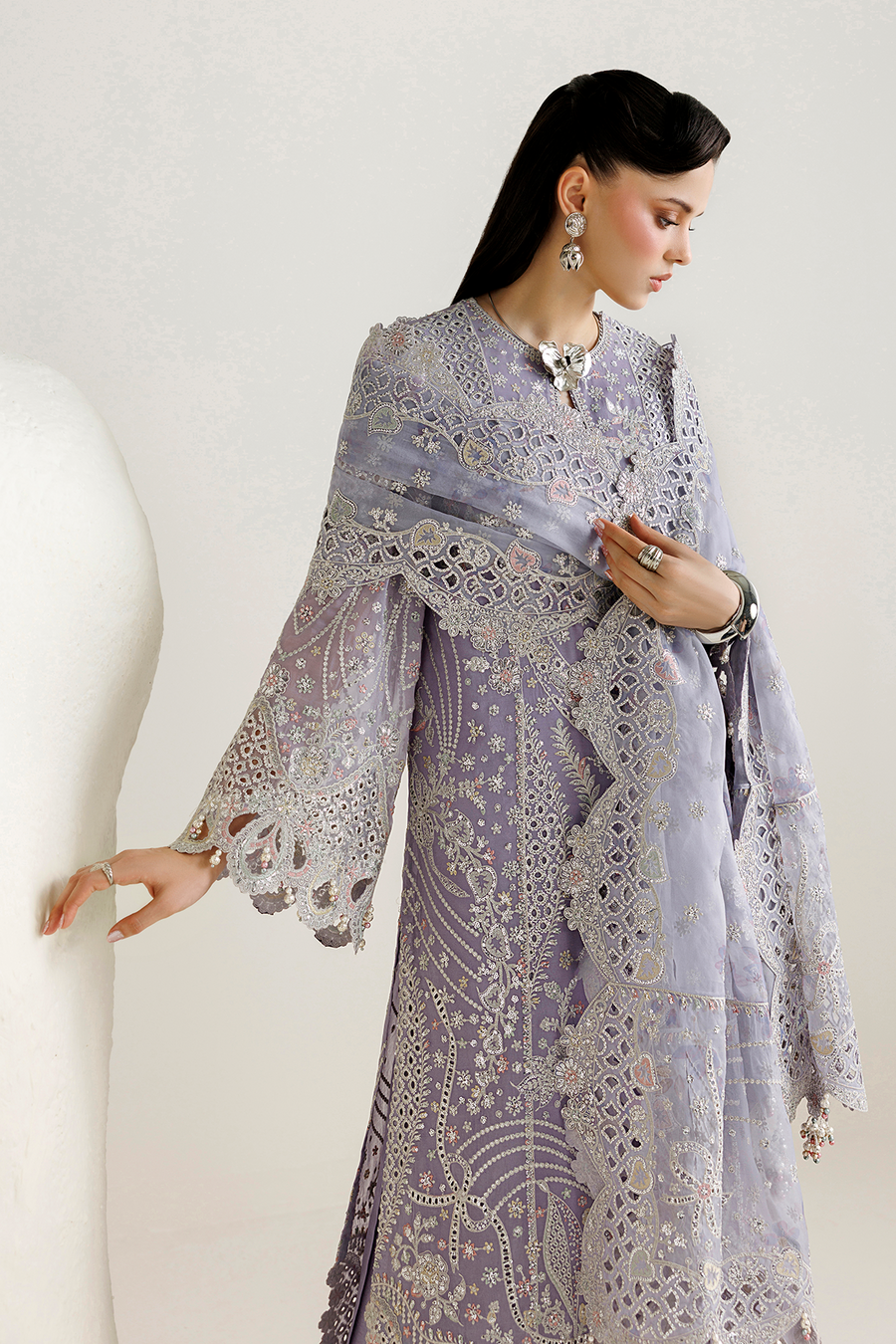 Lavender Embroidered Georgette Chiffon 3-Piece Suit with Organza Dupatta