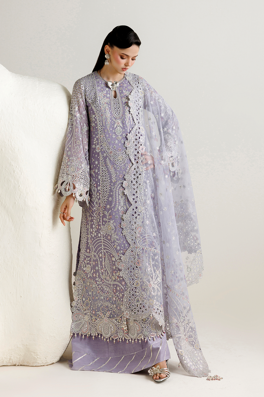 Lavender Embroidered Georgette Chiffon 3-Piece Suit with Organza Dupatta