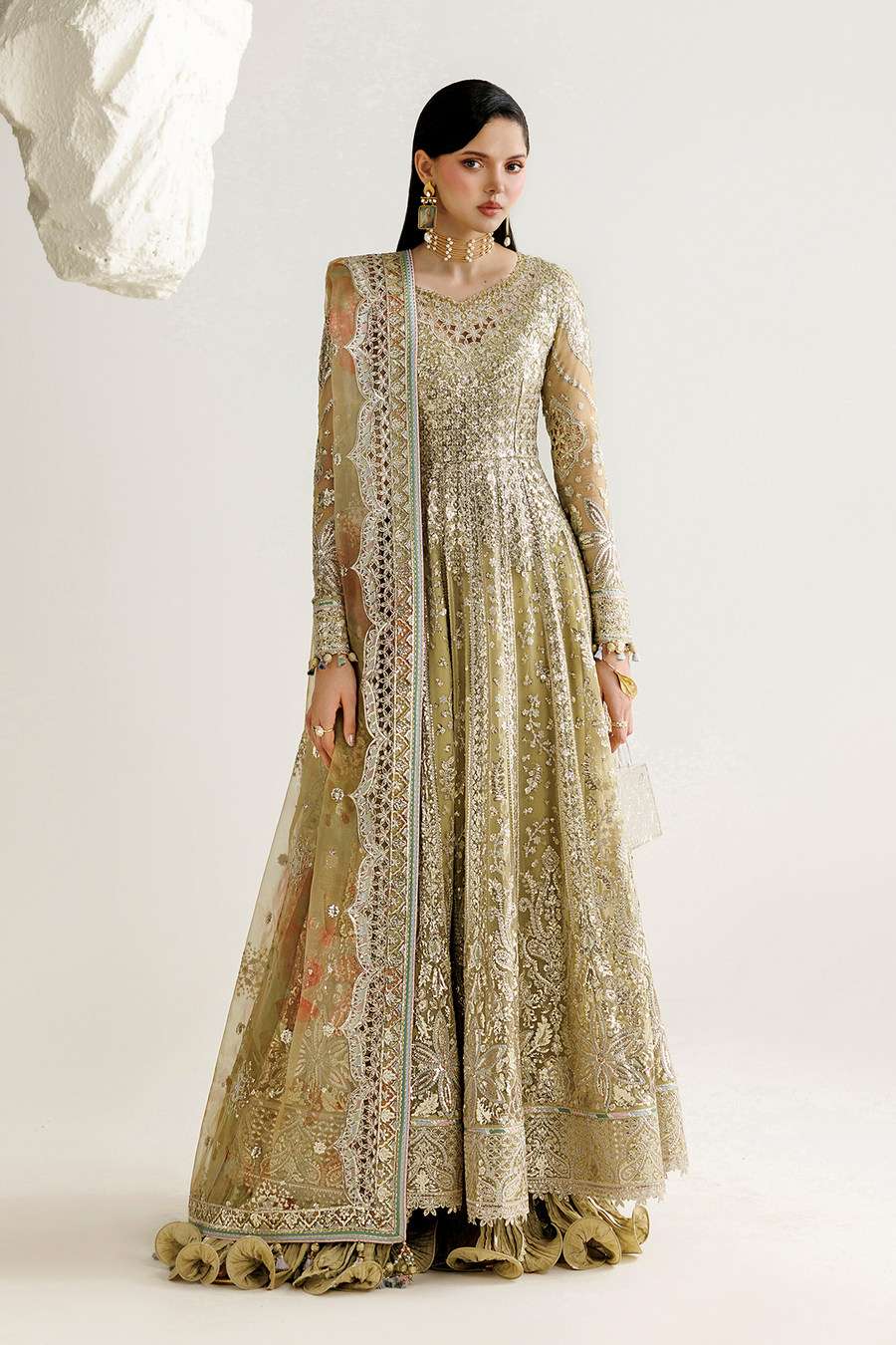 Antique Gold Embroidered Chiffon 3-Piece Suit with Organza Dupatta
