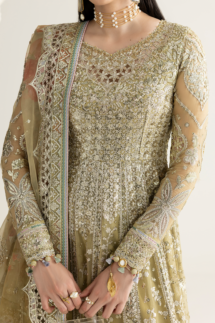 Antique Gold Embroidered Chiffon 3-Piece Suit with Organza Dupatta
