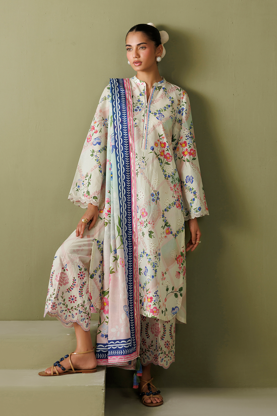 Pastel Pink Floral Embroidered Lawn Suit with Cotton Silk Dupatta
