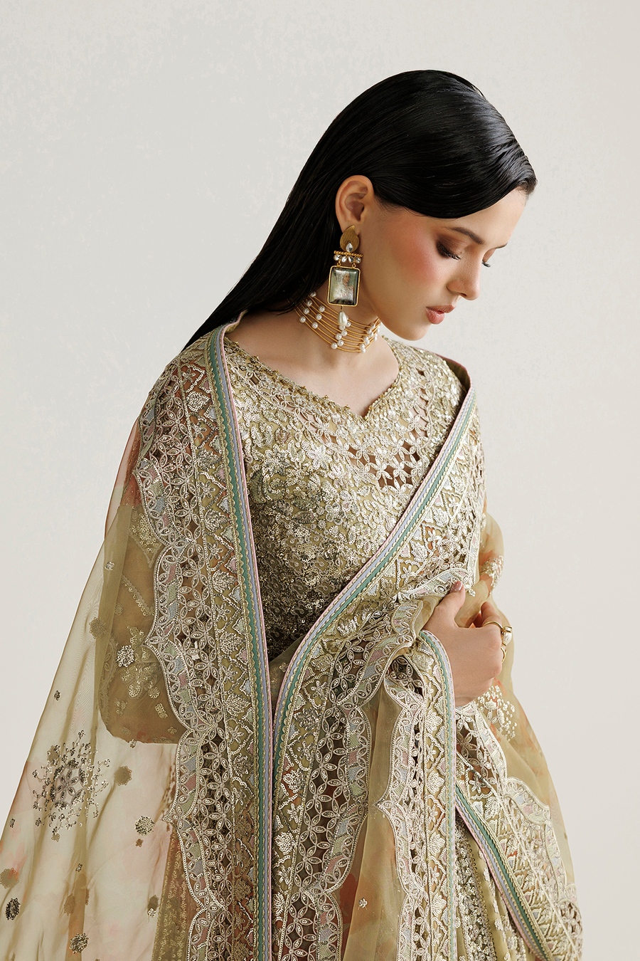 Antique Gold Embroidered Chiffon 3-Piece Suit with Organza Dupatta
