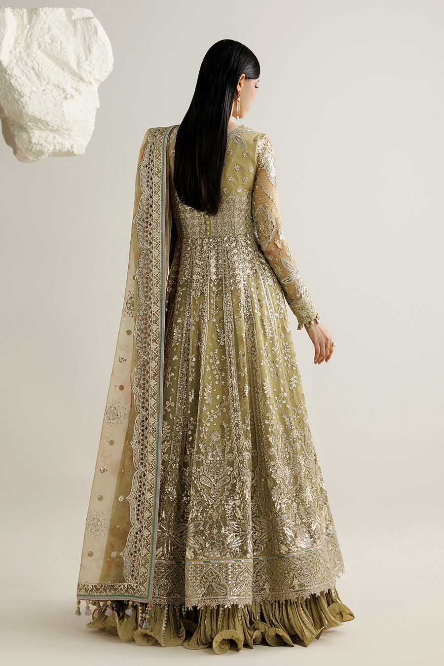 Antique Gold Embroidered Chiffon 3-Piece Suit with Organza Dupatta