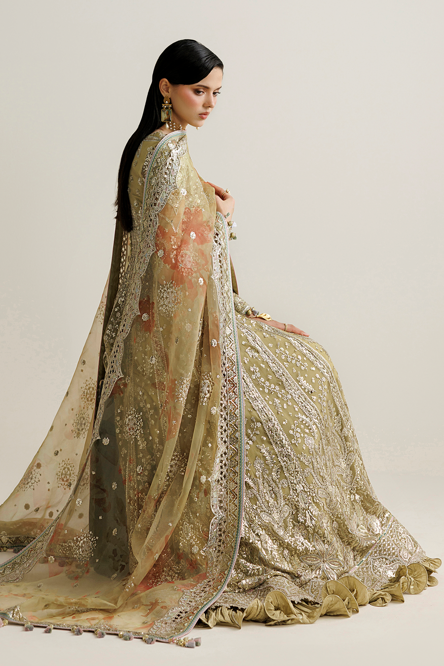 Antique Gold Embroidered Chiffon 3-Piece Suit with Organza Dupatta