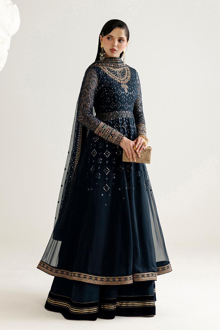 Navy Blue Embroidered Chiffon 3-Piece Suit with Velvet Borders