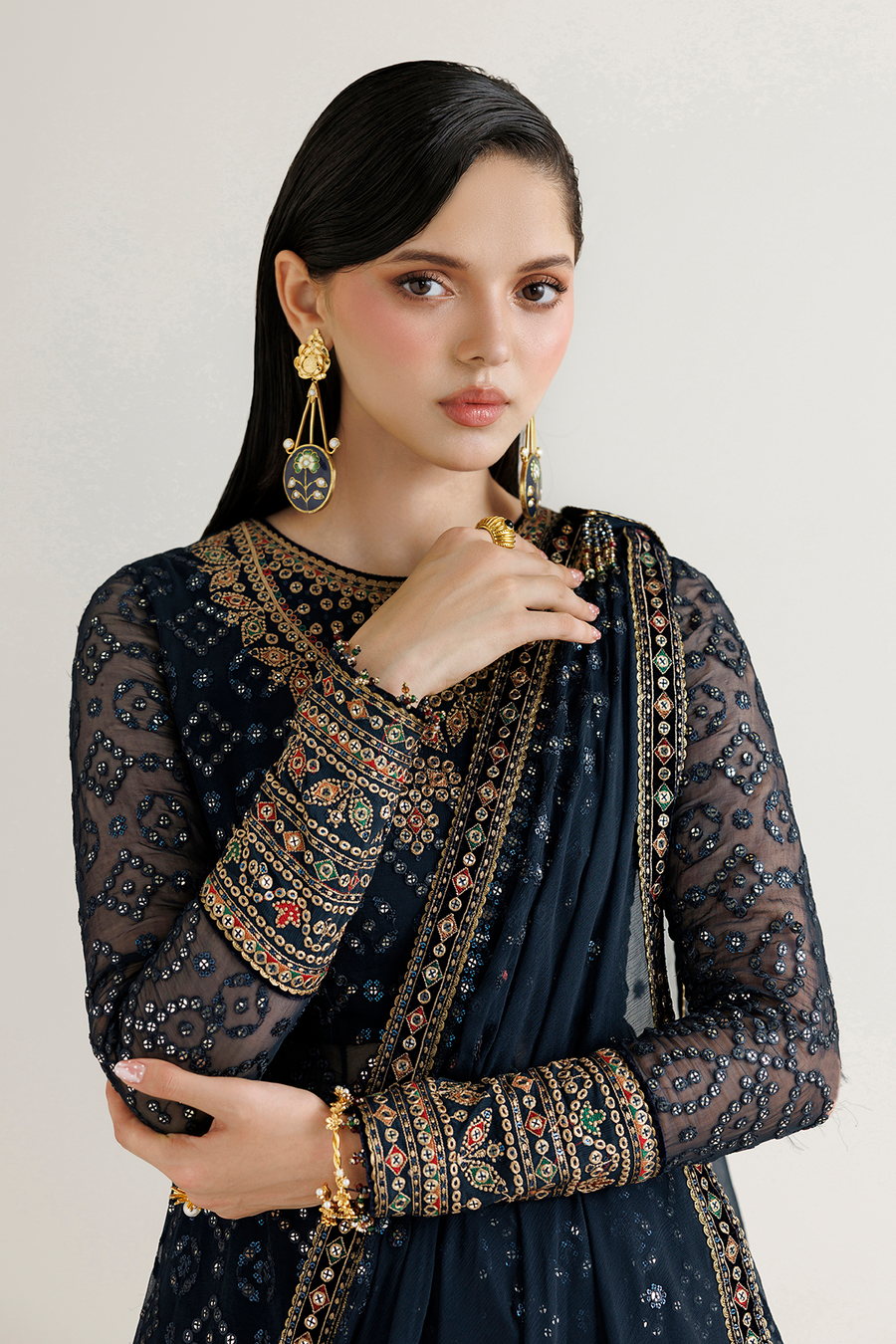 Navy Blue Embroidered Chiffon 3-Piece Suit with Velvet Borders