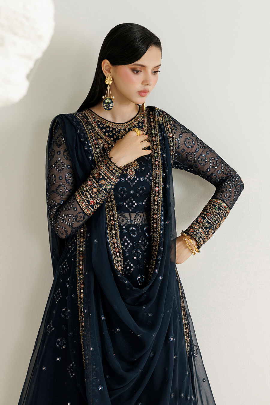 Navy Blue Embroidered Chiffon 3-Piece Suit with Velvet Borders