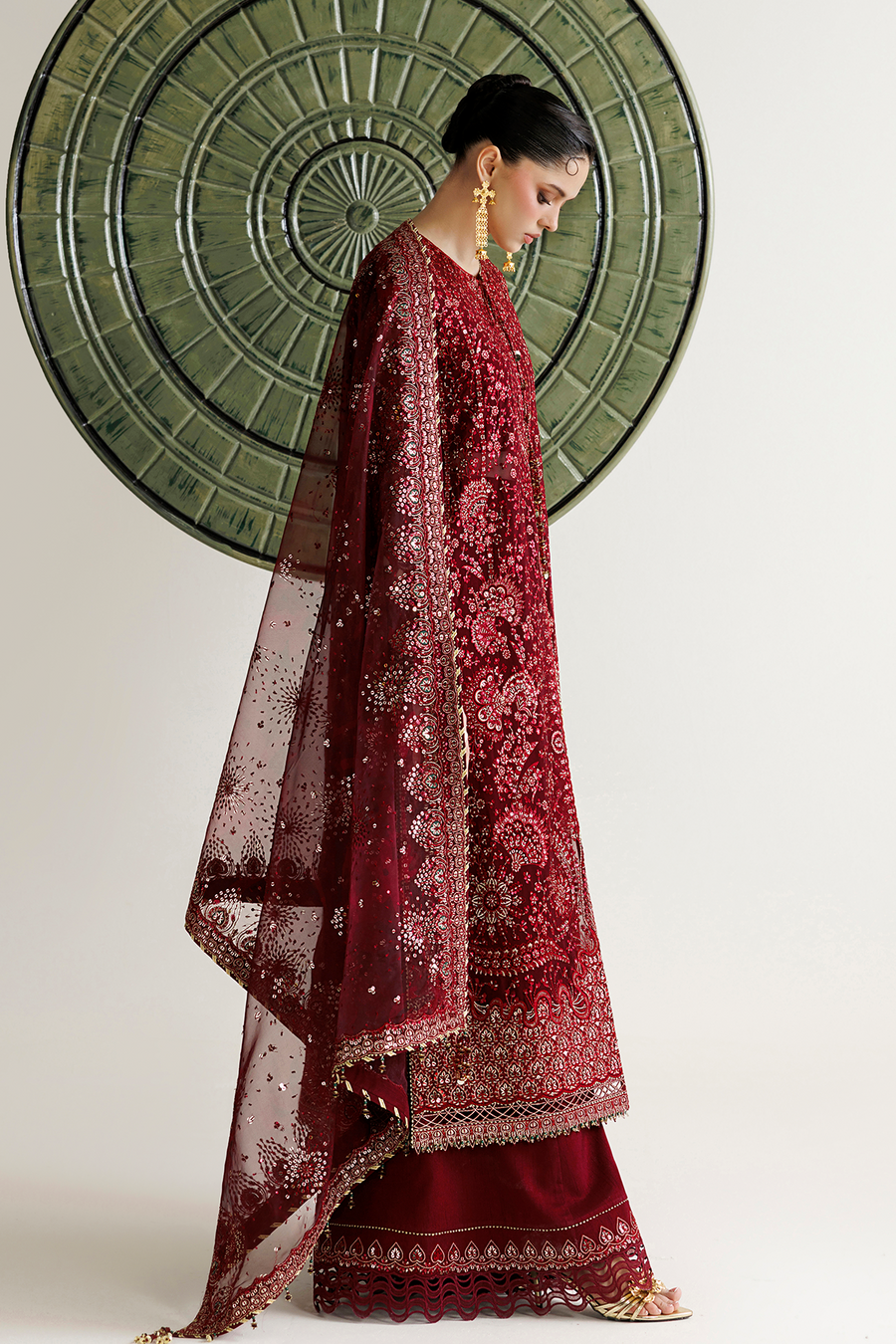 Deep Maroon Embroidered Chiffon 3-Piece Suit with Organza Dupatta