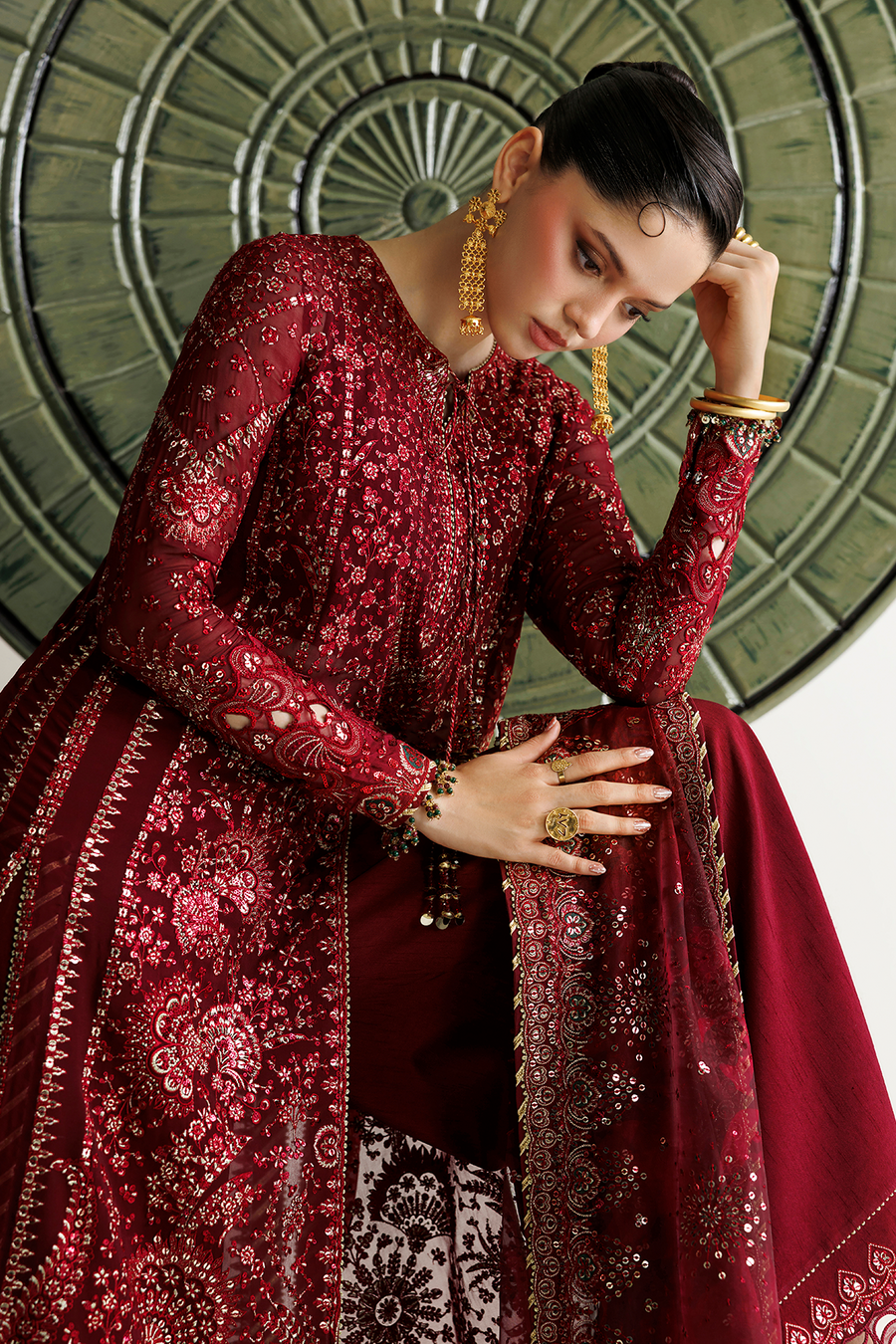 Deep Maroon Embroidered Chiffon 3-Piece Suit with Organza Dupatta
