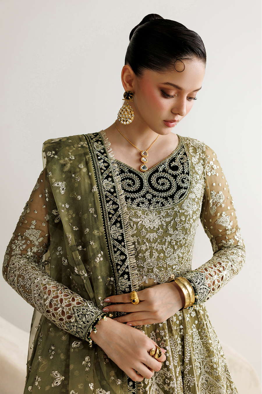 Embroidered Chiffon 3-Piece Formal Suit with Velvet Details