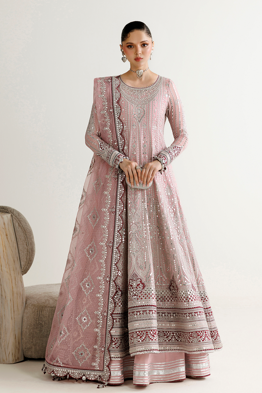 Blush Pink Embroidered Georgette Chiffon 3-Piece Suit with Organza Dupatta