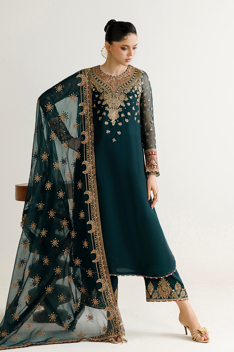 Deep Teal Embroidered Chiffon 3-Piece Suit with Ornate Dupatta