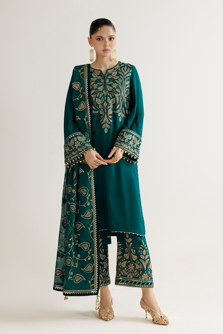 Emerald Green Embroidered Korean Raw Silk 3-Piece Suit with Chiffon Dupatta