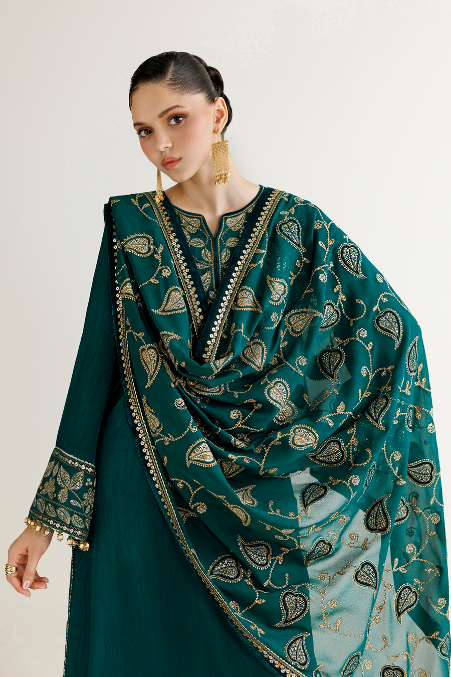 Emerald Green Embroidered Korean Raw Silk 3-Piece Suit with Chiffon Dupatta