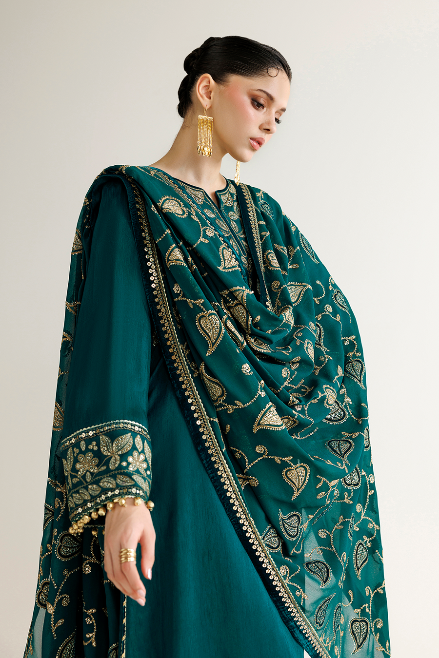 Emerald Green Embroidered Korean Raw Silk 3-Piece Suit with Chiffon Dupatta