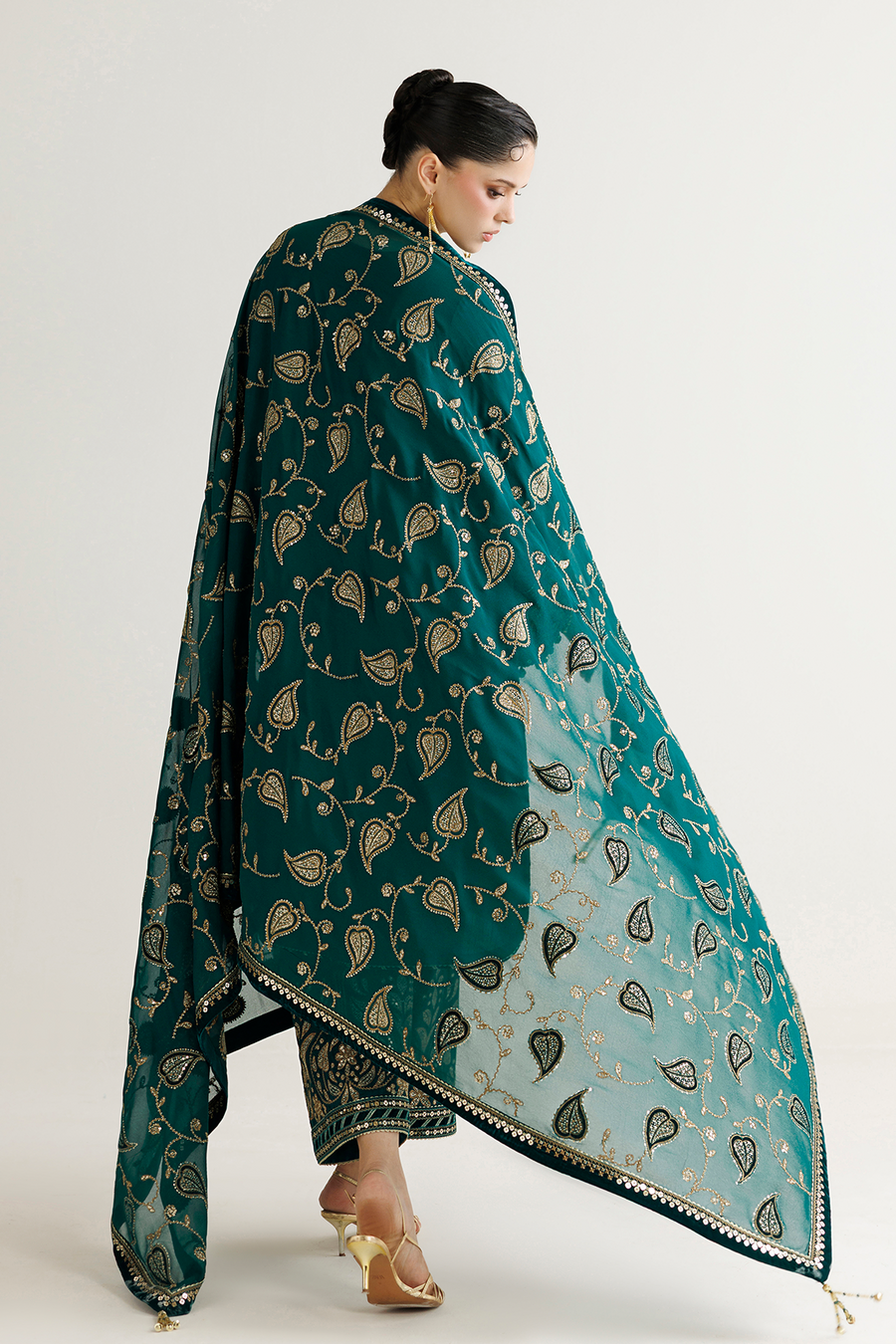 Emerald Green Embroidered Korean Raw Silk 3-Piece Suit with Chiffon Dupatta