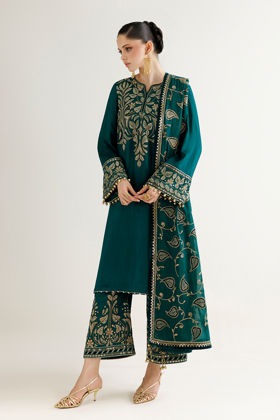 Emerald Green Embroidered Korean Raw Silk 3-Piece Suit with Chiffon Dupatta