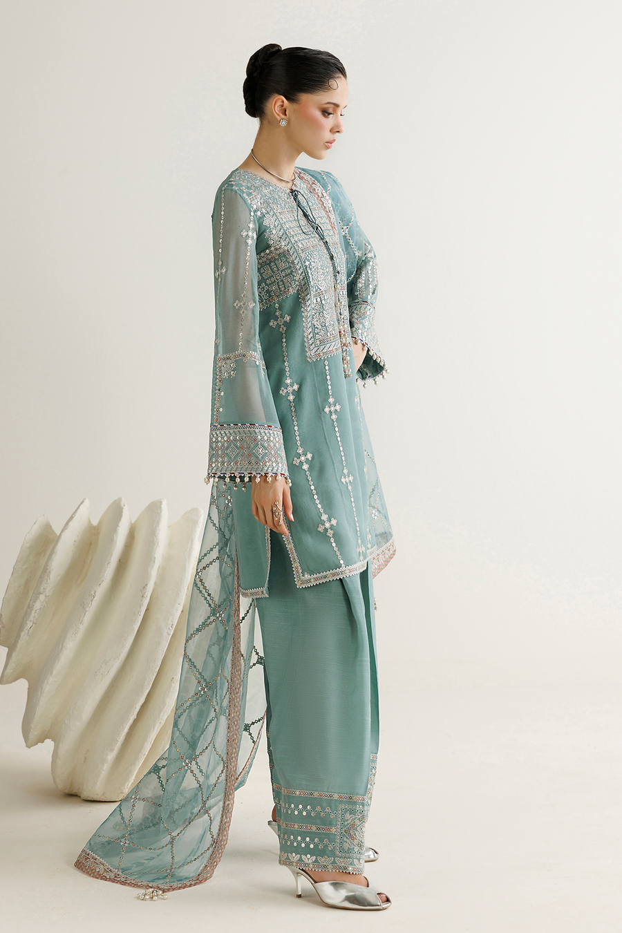 Seafoam Green Embroidered Chiffon 3-Piece Suit with Organza Dupatta