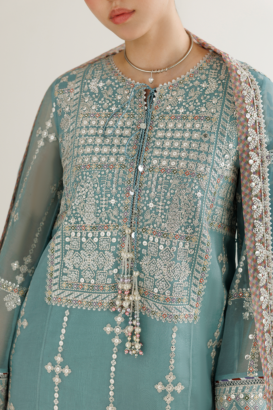 Seafoam Green Embroidered Chiffon 3-Piece Suit with Organza Dupatta