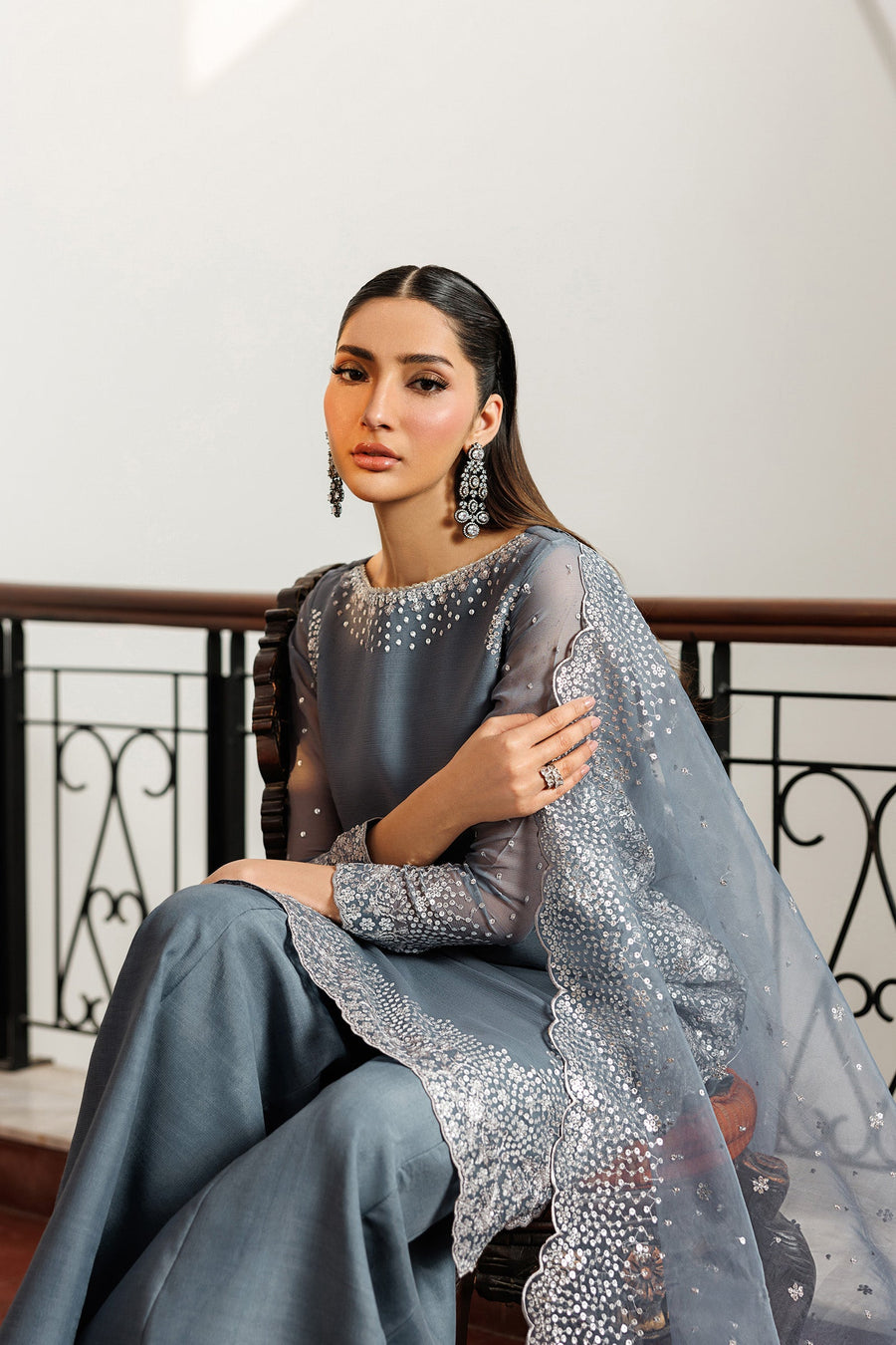 Steel Grey Sequins Embroidered Chiffon Sharara Suit with Organza Dupatta