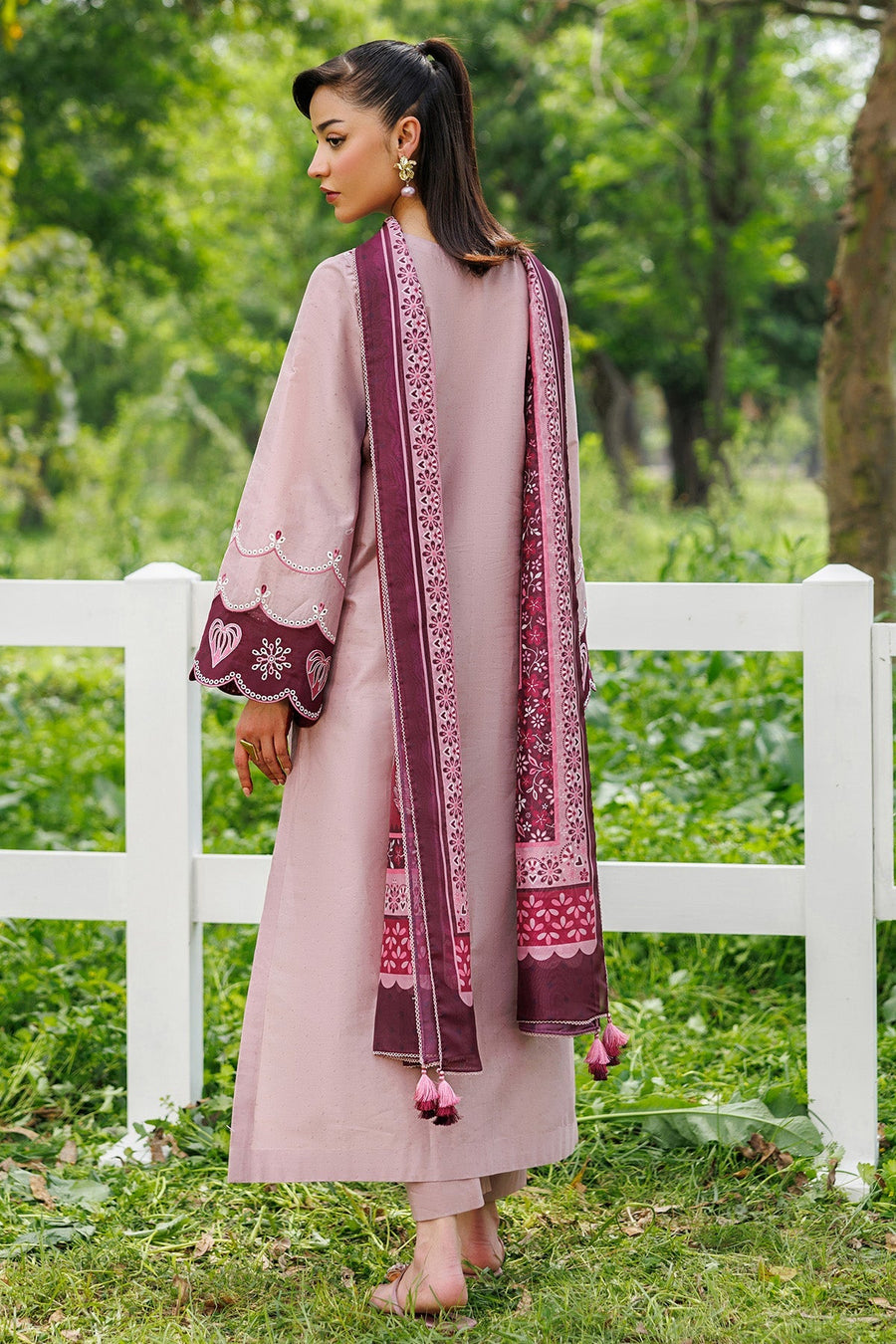 Dusty Pink Embroidered Dobby Lawn Suit with Cambric Trousers and Cotton Silk Dupatta