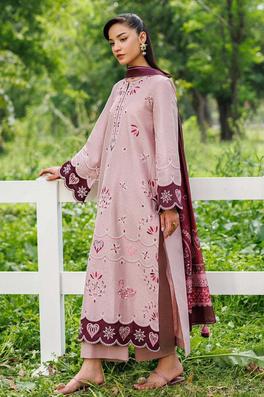 Dusty Pink Embroidered Dobby Lawn Suit with Cambric Trousers and Cotton Silk Dupatta