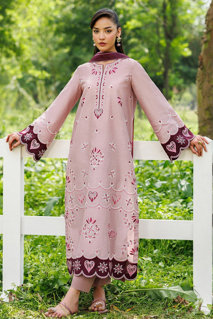 Dusty Pink Embroidered Dobby Lawn Suit with Cambric Trousers and Cotton Silk Dupatta