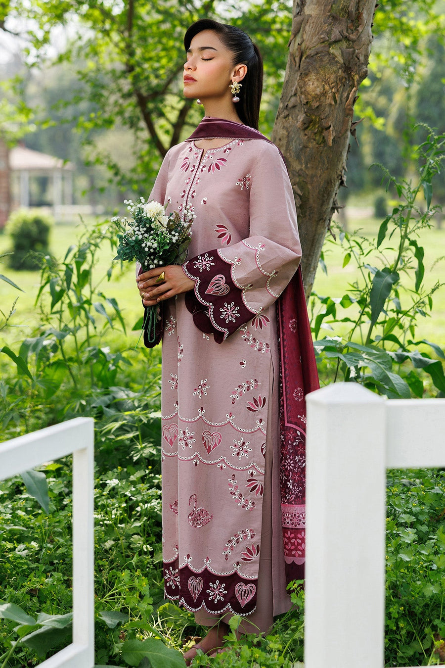 Dusty Pink Embroidered Dobby Lawn Suit with Cambric Trousers and Cotton Silk Dupatta