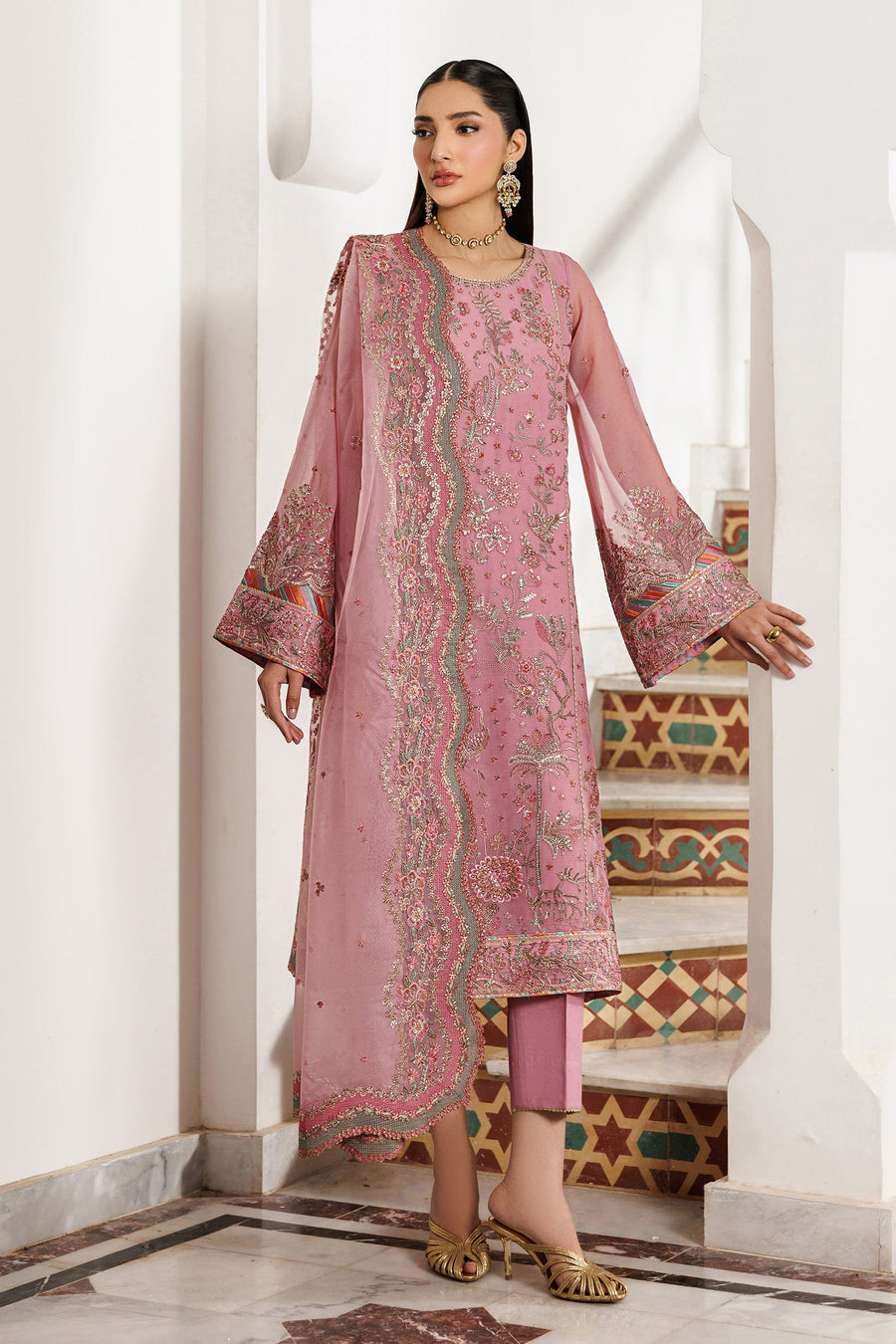 Blush Pink Sequins Embroidered Chiffon Suit with Raw Silk Trousers and Organza Dupatta