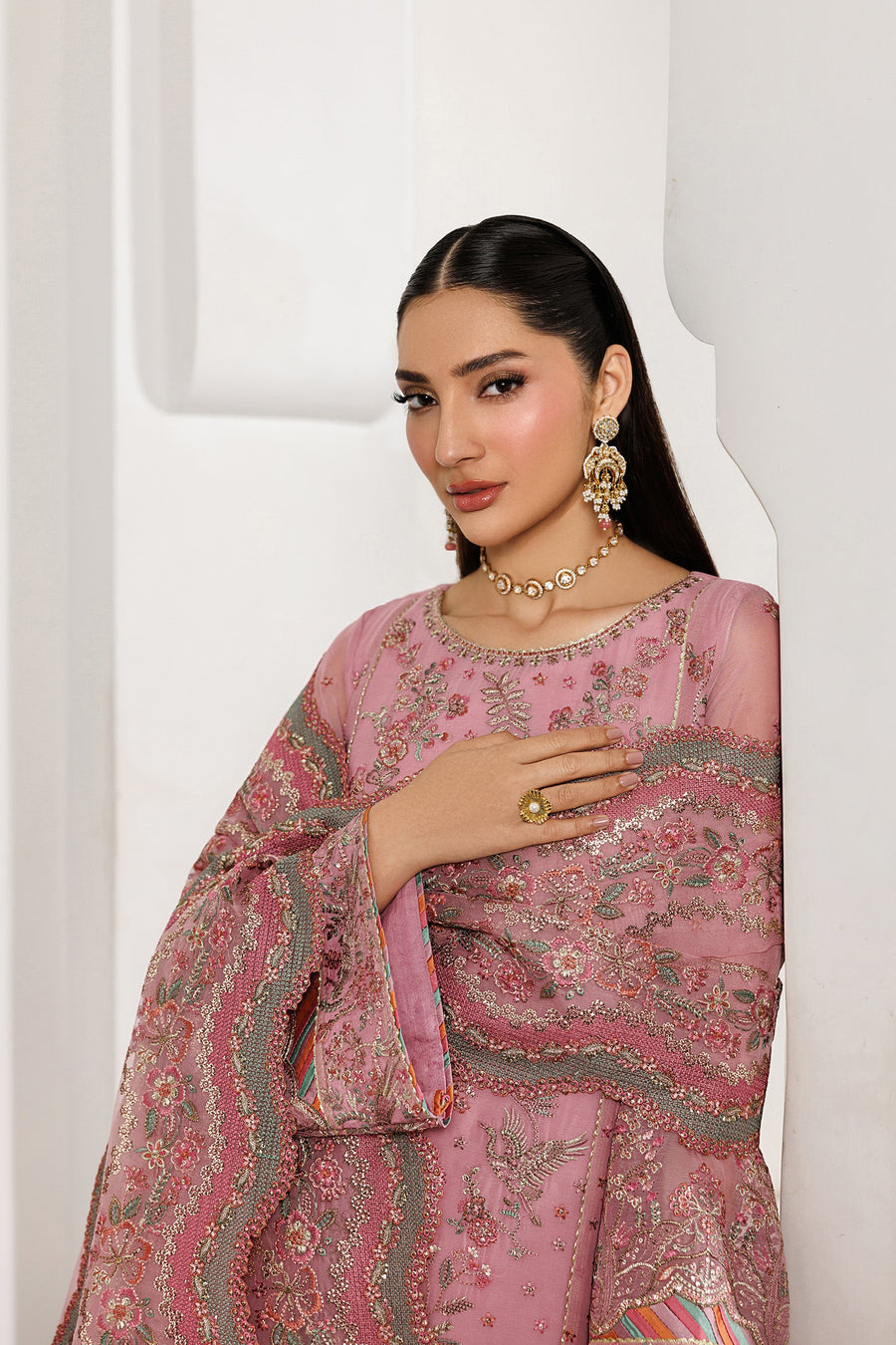 Blush Pink Sequins Embroidered Chiffon Suit with Raw Silk Trousers and Organza Dupatta