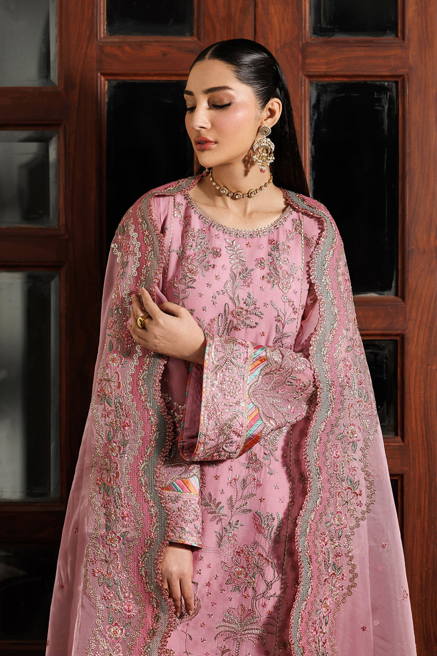 Blush Pink Sequins Embroidered Chiffon Suit with Raw Silk Trousers and Organza Dupatta