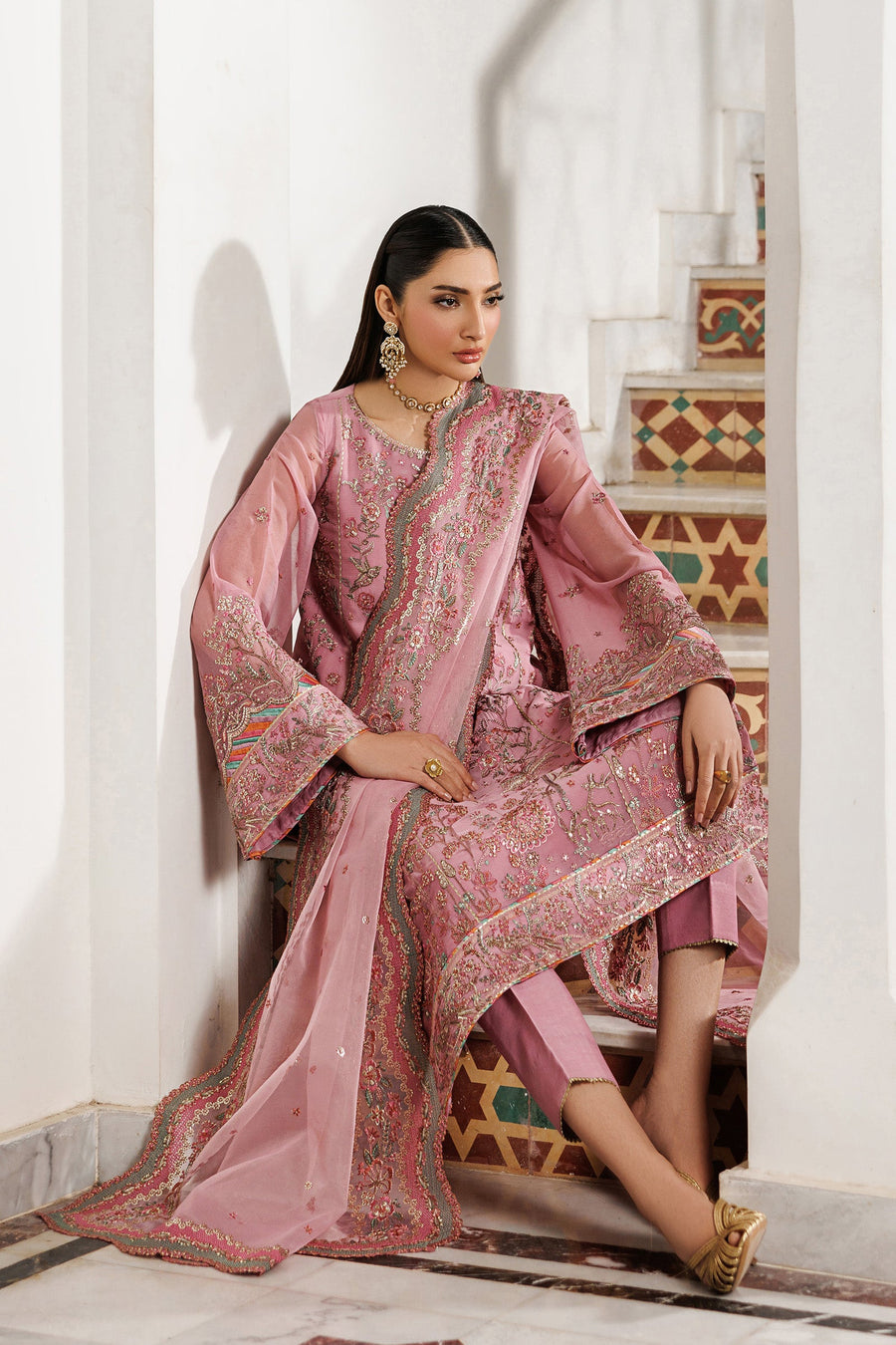 Blush Pink Sequins Embroidered Chiffon Suit with Raw Silk Trousers and Organza Dupatta