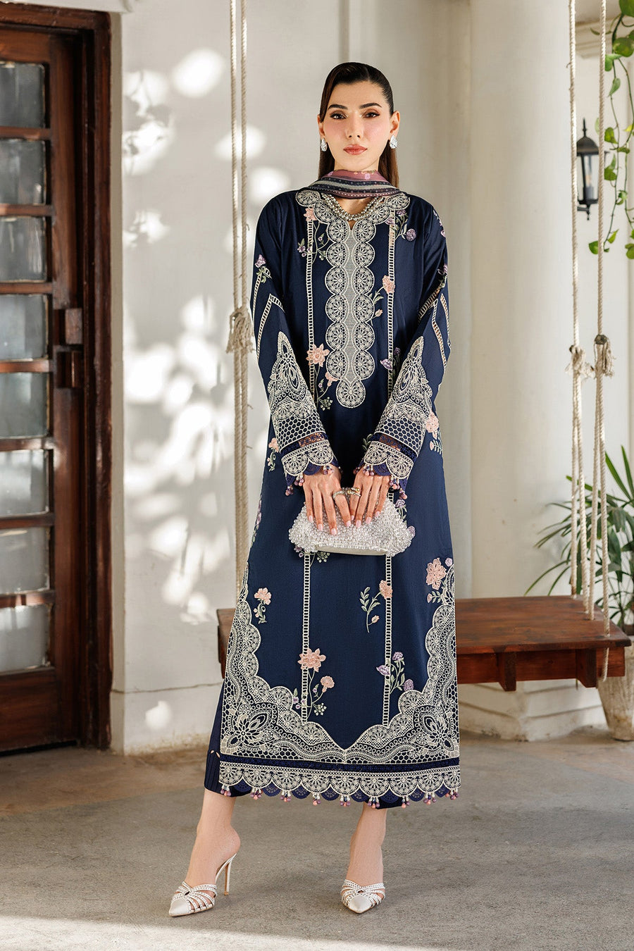 Midnight Blossom – Embroidered Navy Blue Lawn 3-Piece Festive Suit - Pehnaawaa