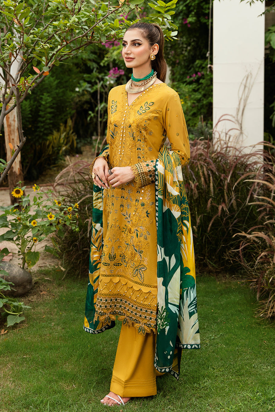 Mustard Bloom Embroidered Lawn 3-Piece Suit with Digital Printed Silk Dupatta - Pehnaawaa