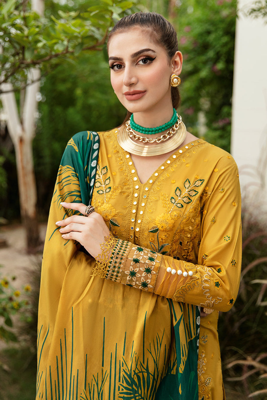 Mustard Bloom Embroidered Lawn 3-Piece Suit with Digital Printed Silk Dupatta - Pehnaawaa