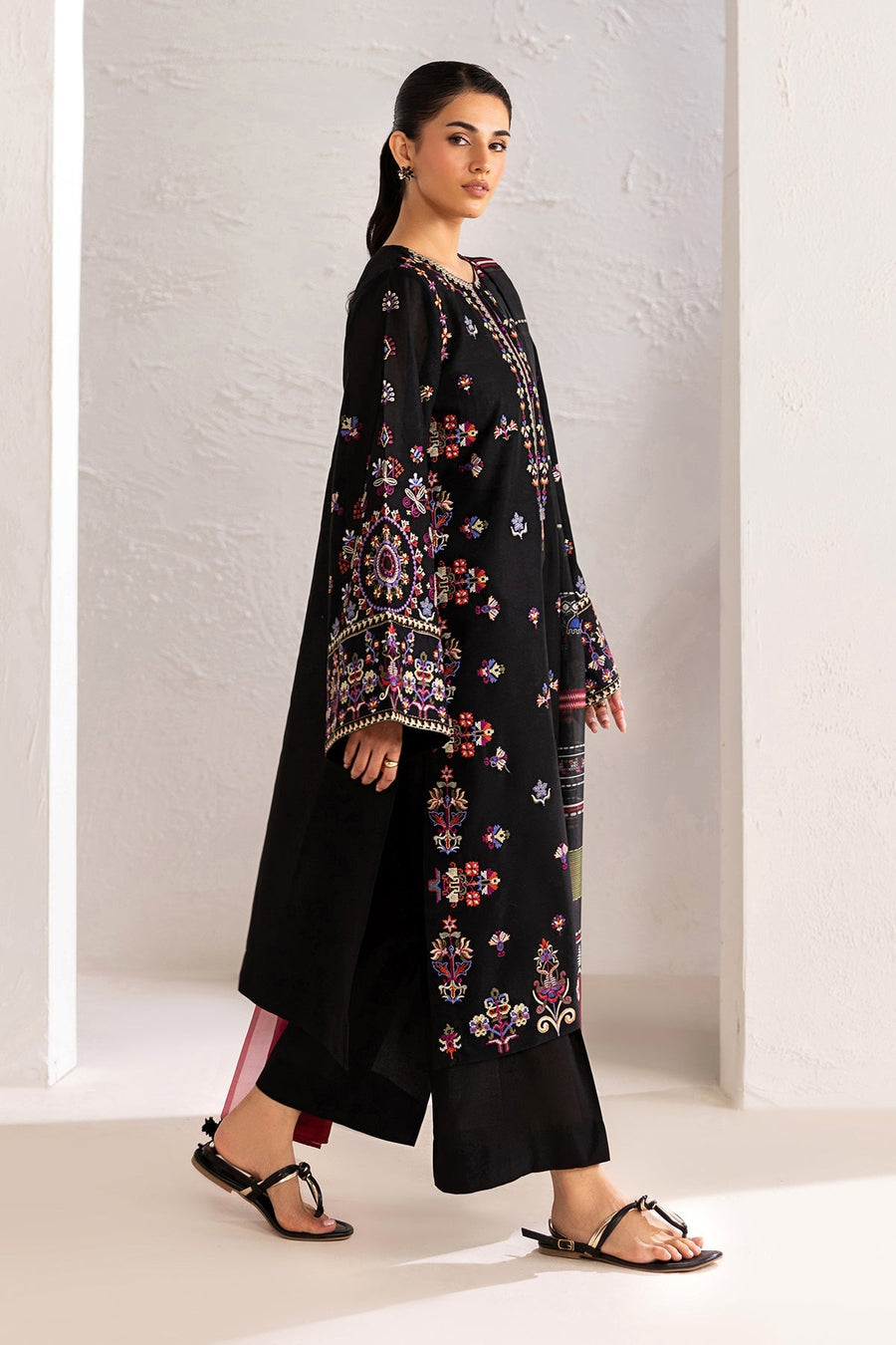 Black Multicolour Embroidered Lawn Suit with Silk Dupatta
