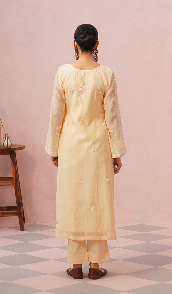 Women's Lakhnavi Handcrafted Mul Chanderi Chikankari Stitched Kurta, Dupatta And Pant Set - HONC0457995