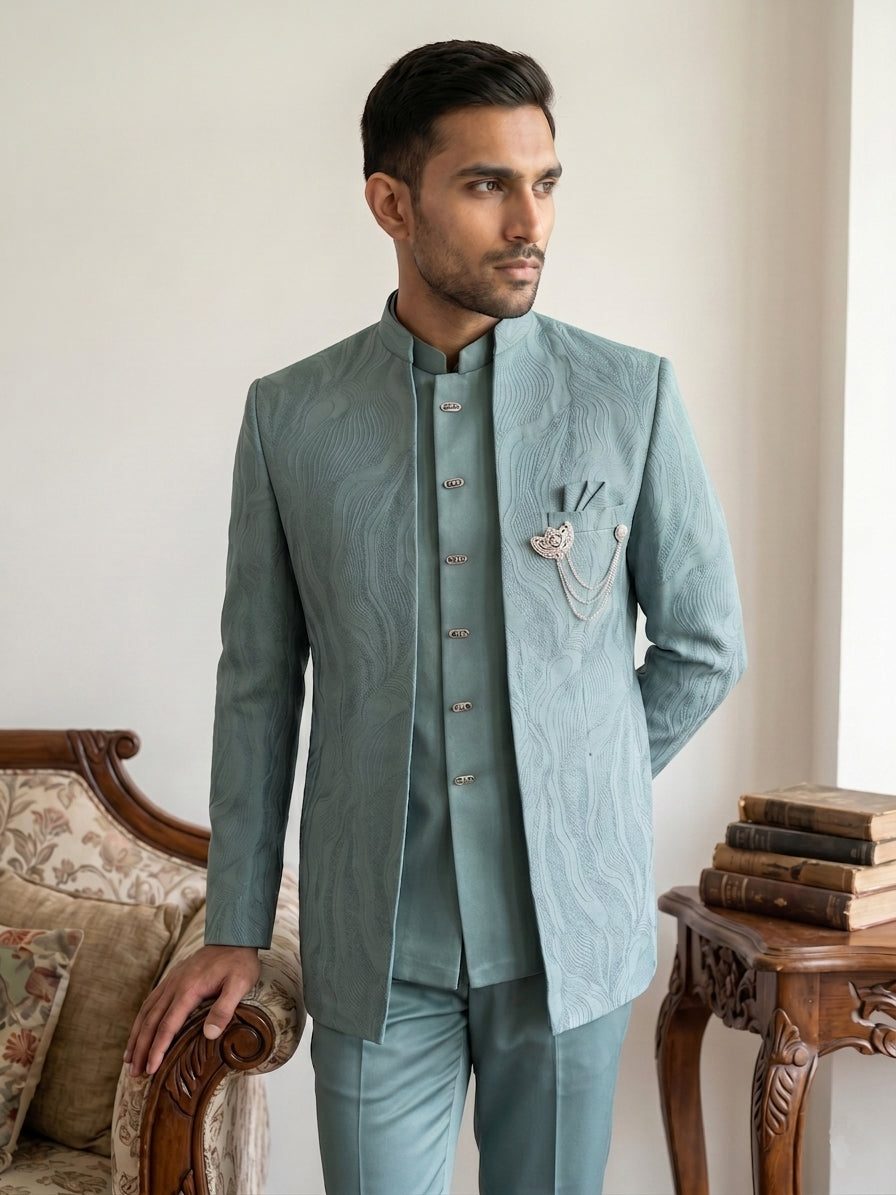 Men's Cotton Blend Embroidered Indo-Western Set ( 50JIND 218Sky )