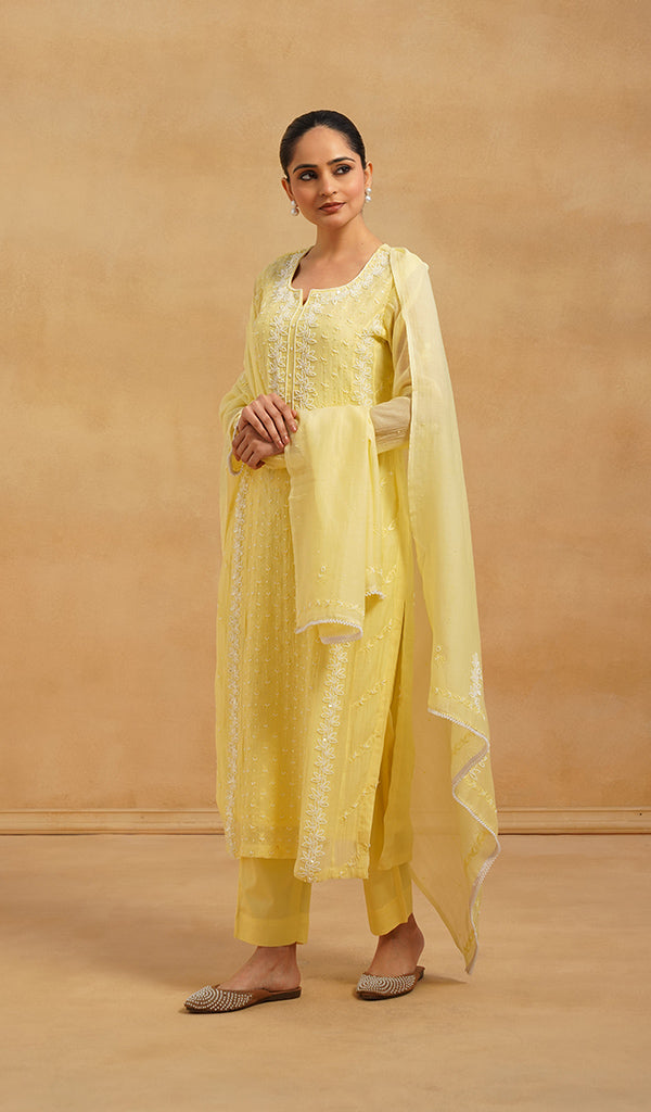 Saziya Women's Lakhnavi Handcrafted Mul Chanderi Chikankari Stitched Kurta, Dupatta And Pant Set