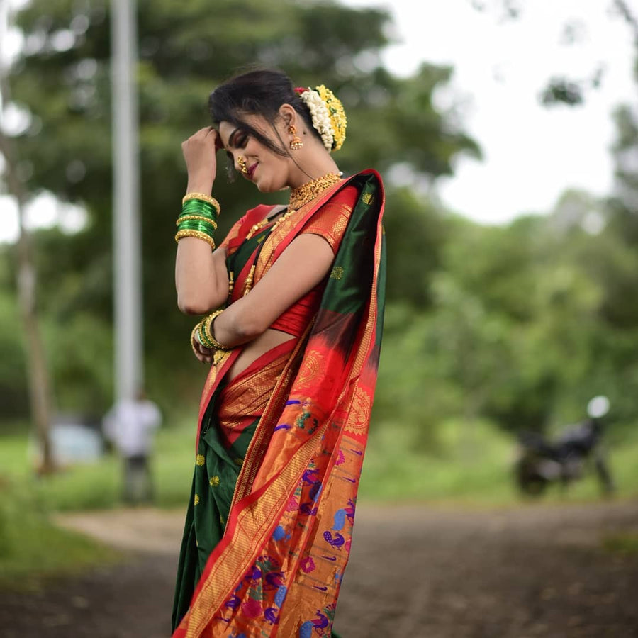 Glorious Green Paithani Silk Saree With Ethnic Blouse Piece - Pehnaawaa