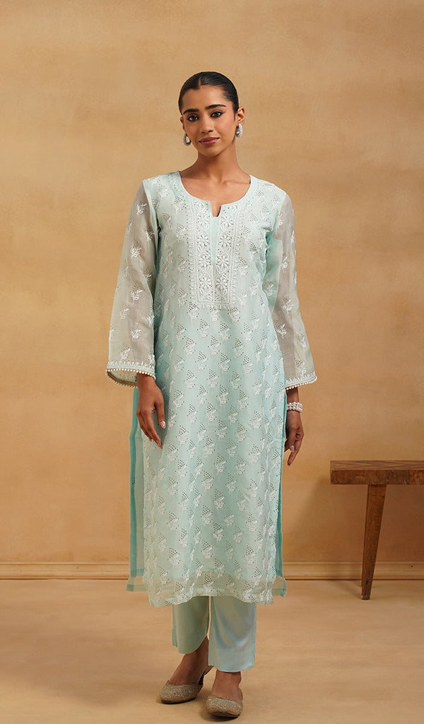 Women's Lucknowi Handcrafted Pure Organza Silk Stitched Chikankari Kurta, Dupatta With Pant Set