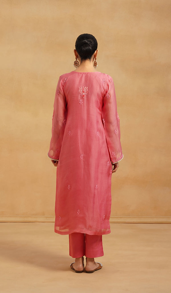 Women's Lucknowi Handcrafted Pure Organza Silk Stitched Chikankari Kurta, Dupatta With Pant Set