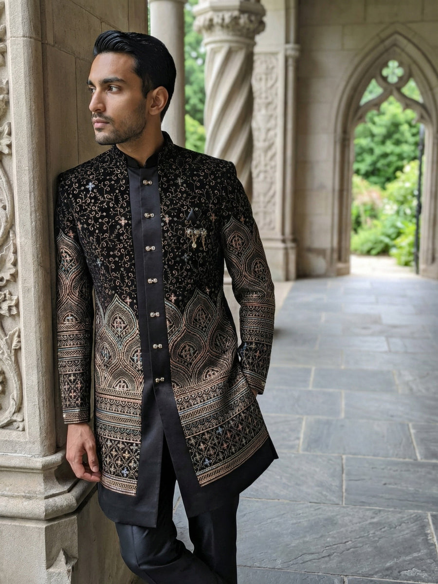 Men’s Black Embroidered Indo-Western Set ( 50JIND 130Black S )