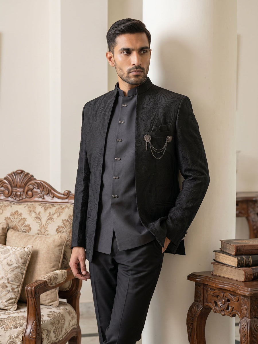 Men's Cotton Blend Embroidered Indo-Western Set ( 50JIND 218Black )