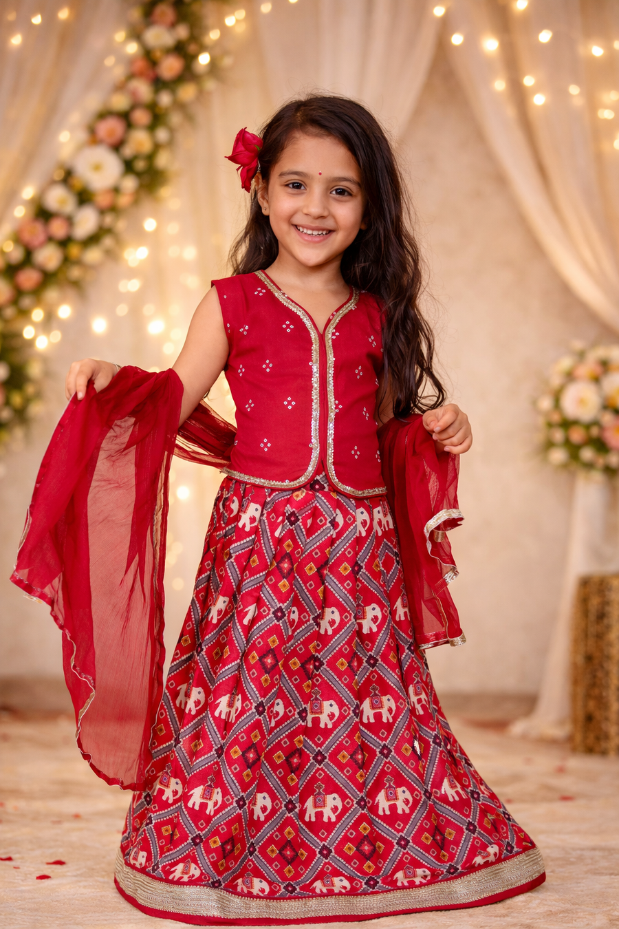 Girls Maroon Patola Print Lehenga Set with Dupatta (3 Piece)