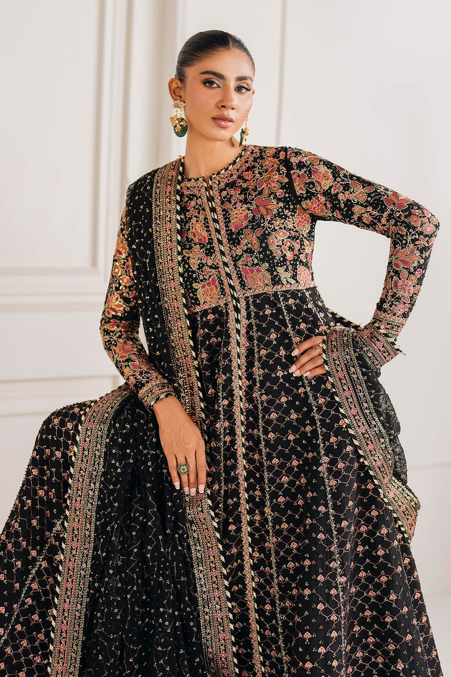 Black Embroidered Chiffon Lehenga Suit with Organza Dupatta | SF-4156