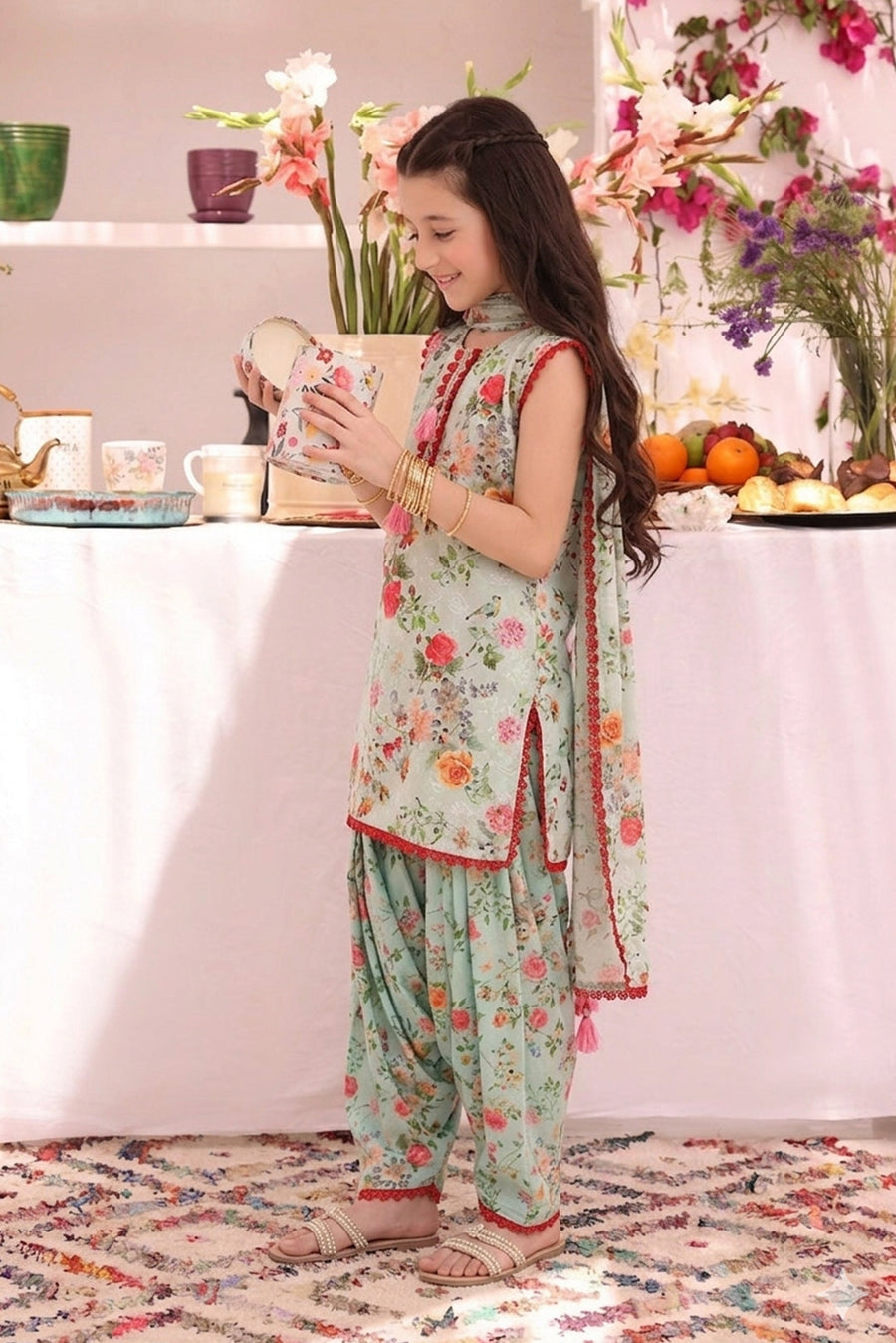 Girls’ Mint Green Floral Chikankari Lawn 3-Piece Suit with Draped Shalwar