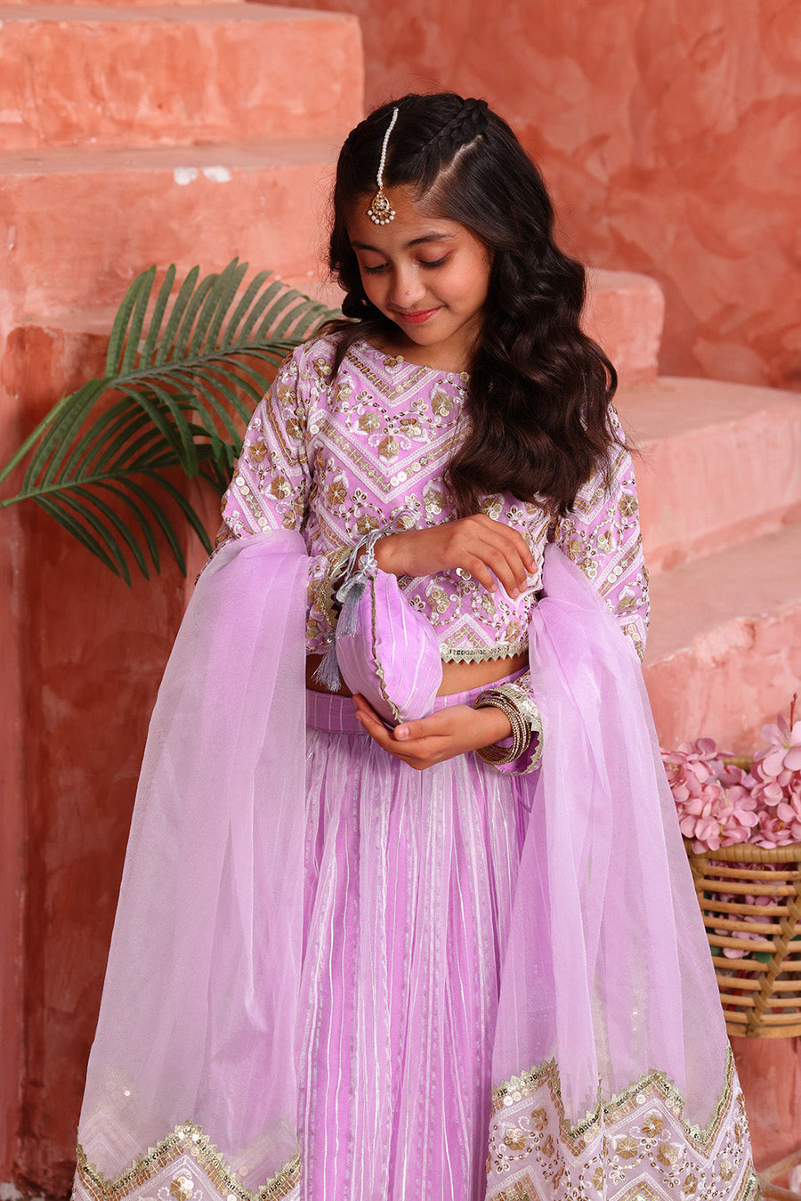 Girls’ Lilac Gold Chevron Embroidered Lehenga Choli with Dupatta & Potli